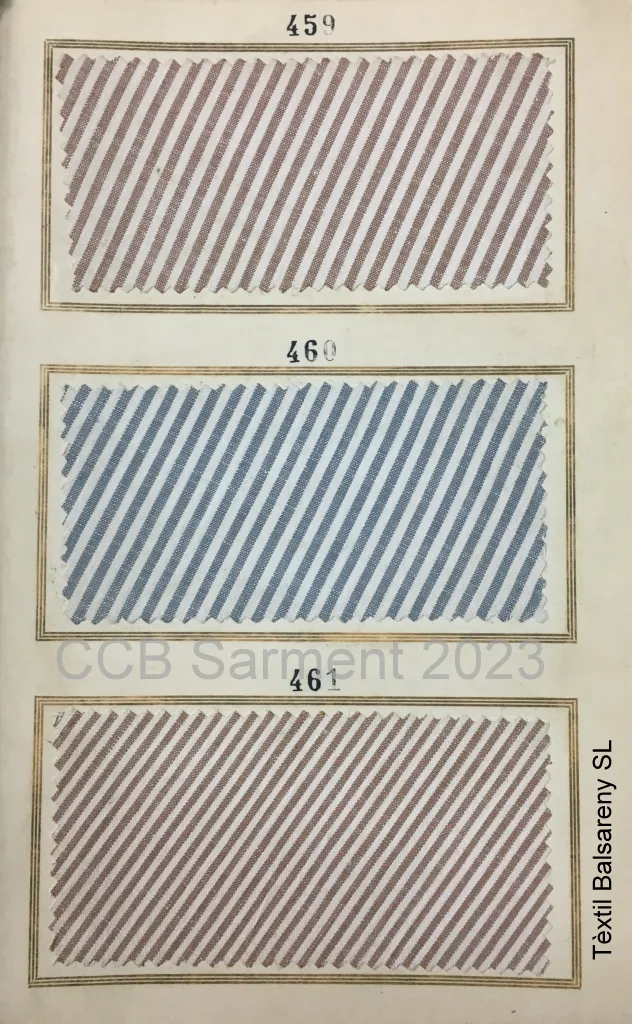 Tres muestras numeradas de tela con rayas diagonales en tonos claros