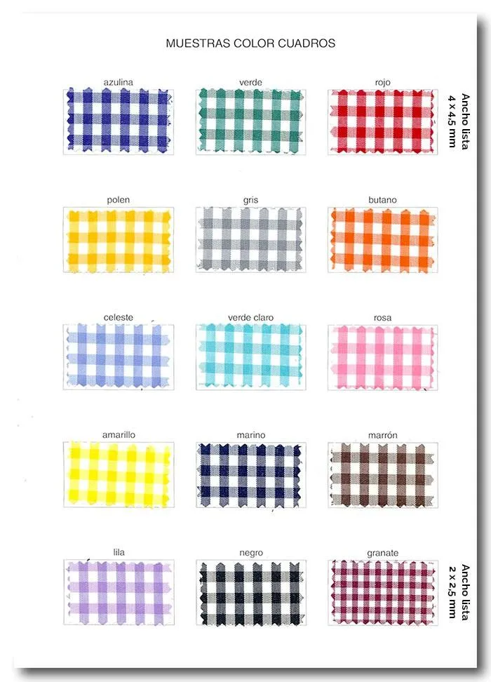 Hoja de la carta de colores Cadí con muestras de cuadros vichy en quince colores