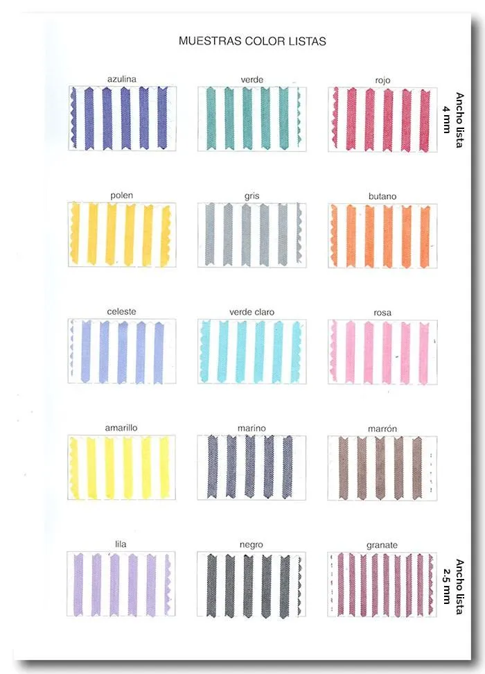 Hoja de la carta de colores Cadí con muestras de rayas en quince colores